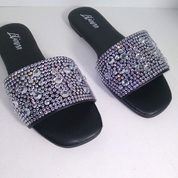 Liliana Black, Silver Rhinestone Embellished Slides - Picture 5 of 5